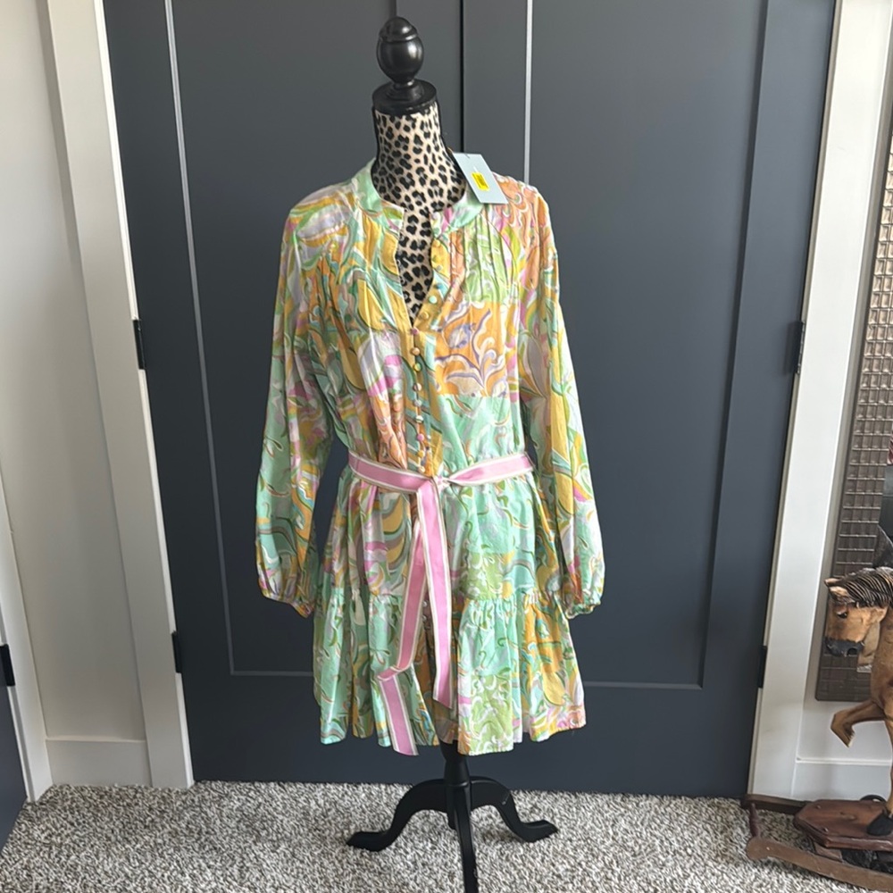 ANTONIO MELANI Pink and Yellow Long Sleeve Bishop Sleeve Shirt Dress